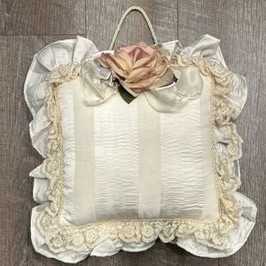 Patch potpourri ivory white satin lace pillow with rose detail